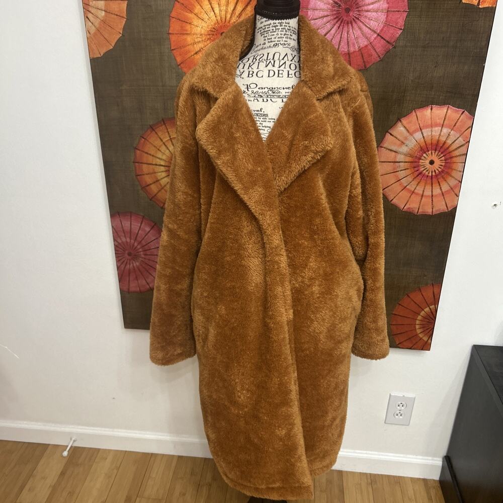 ANGASHION Cotton Blend Teddy Bear Faux Fur Honey Brown Coat Cozycore Sz XL - Picture 2 of 6
